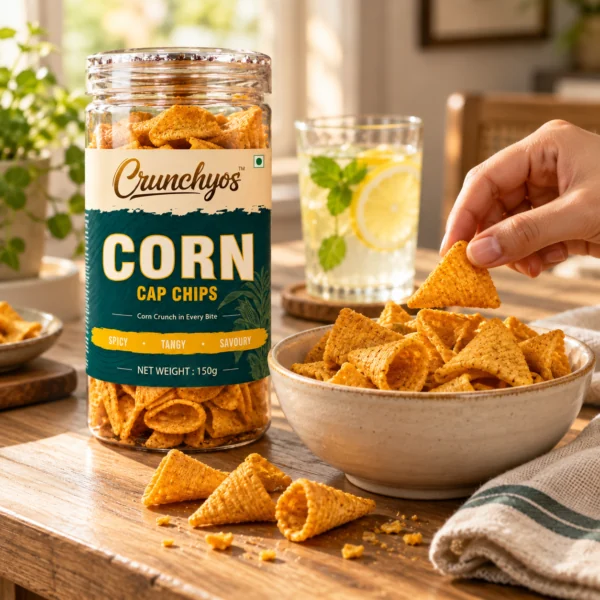 Corn cap chips in a bowl beside the jar