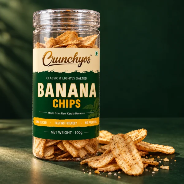 Crunchyos Banana Chips jar with chips