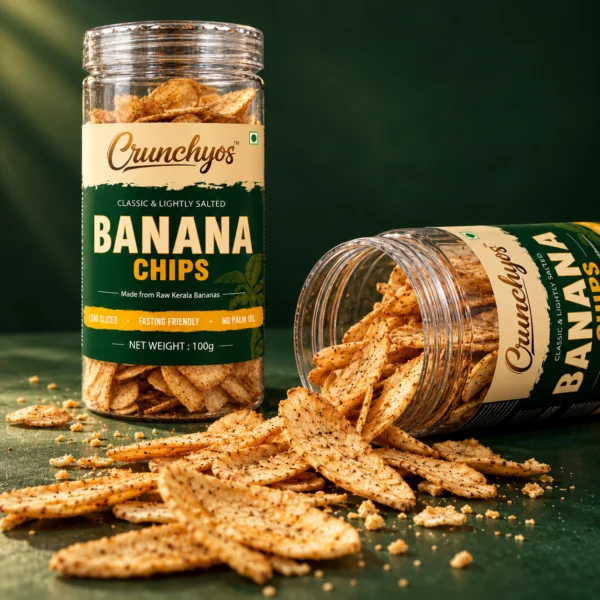 Banana chips spilling from the jar