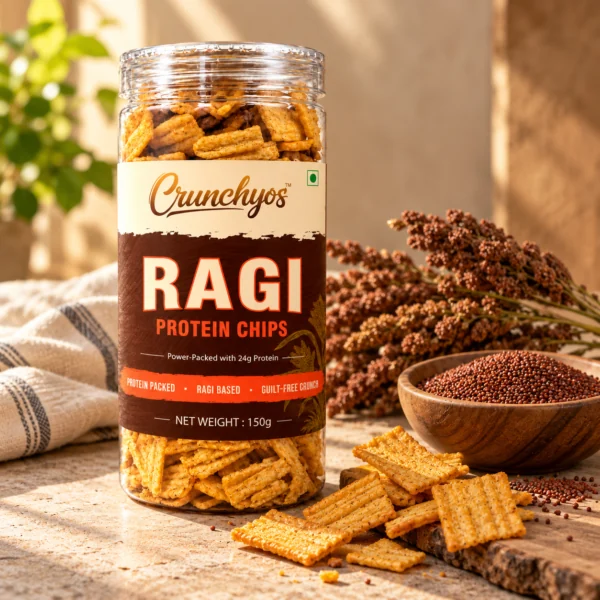 Ragi Protein Chips jar with chips and millet